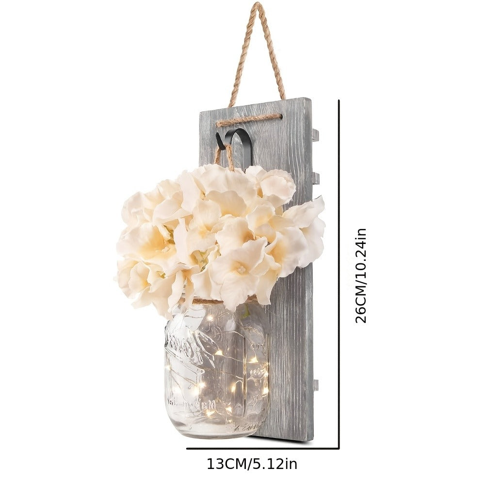 Mason Jar Wall Sconces Set of 2 - Rustic Farmhouse Wall Decor with Ivory Hydrangea Flowers, Warm White Light Fixture for Living Room Bedroom Kitchen Bathroom