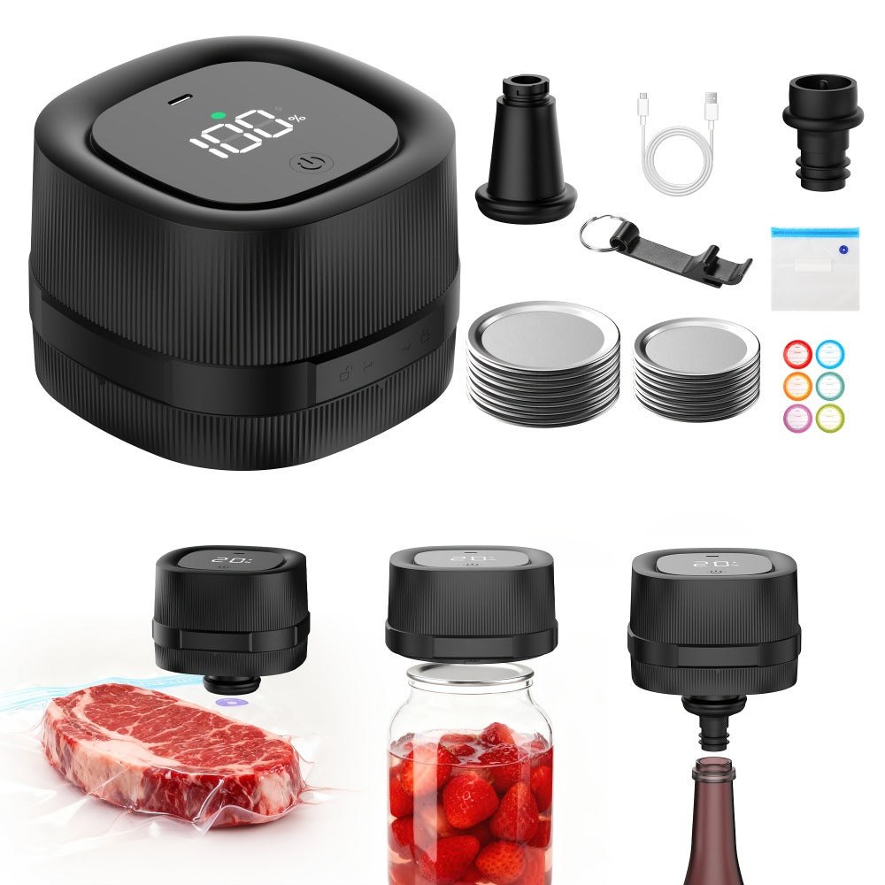 Electric Jar Vacuum Sealer 3-in-1 Food Storage Vacuum Sealer Machine with 14 Sealing Lids Wine Plug Vacuum Bag Bottle Opener ¨C One-Button Operation Leak-Proof Seal for Regular & Wide Mouth Mason Jars