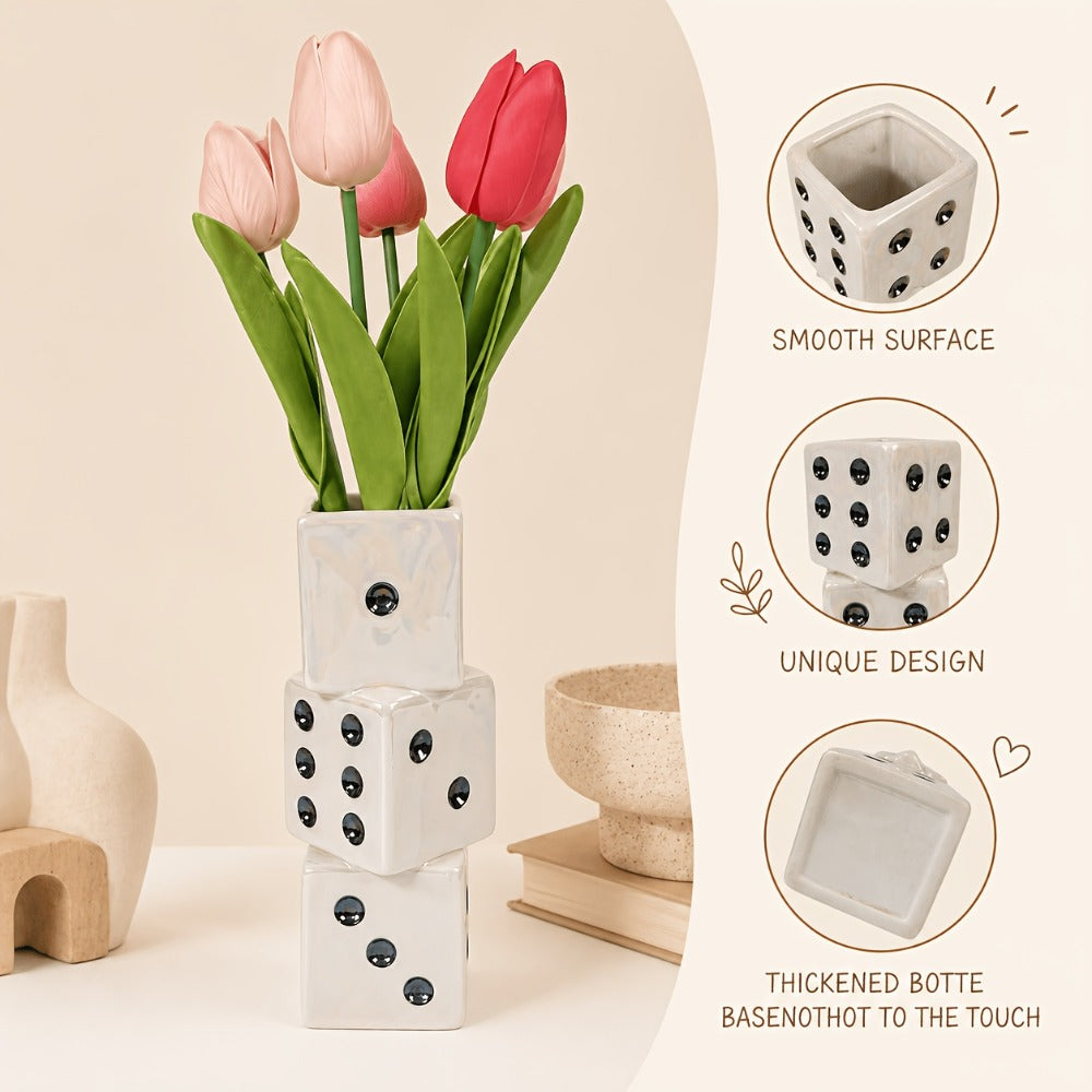 Ceramic Dice Vase for Dried Flowers Pampas Grass Rose Modern Square Flower Vase Unique Home Decor Gift Handmade Decorative Vase for Living Room Shelf Table