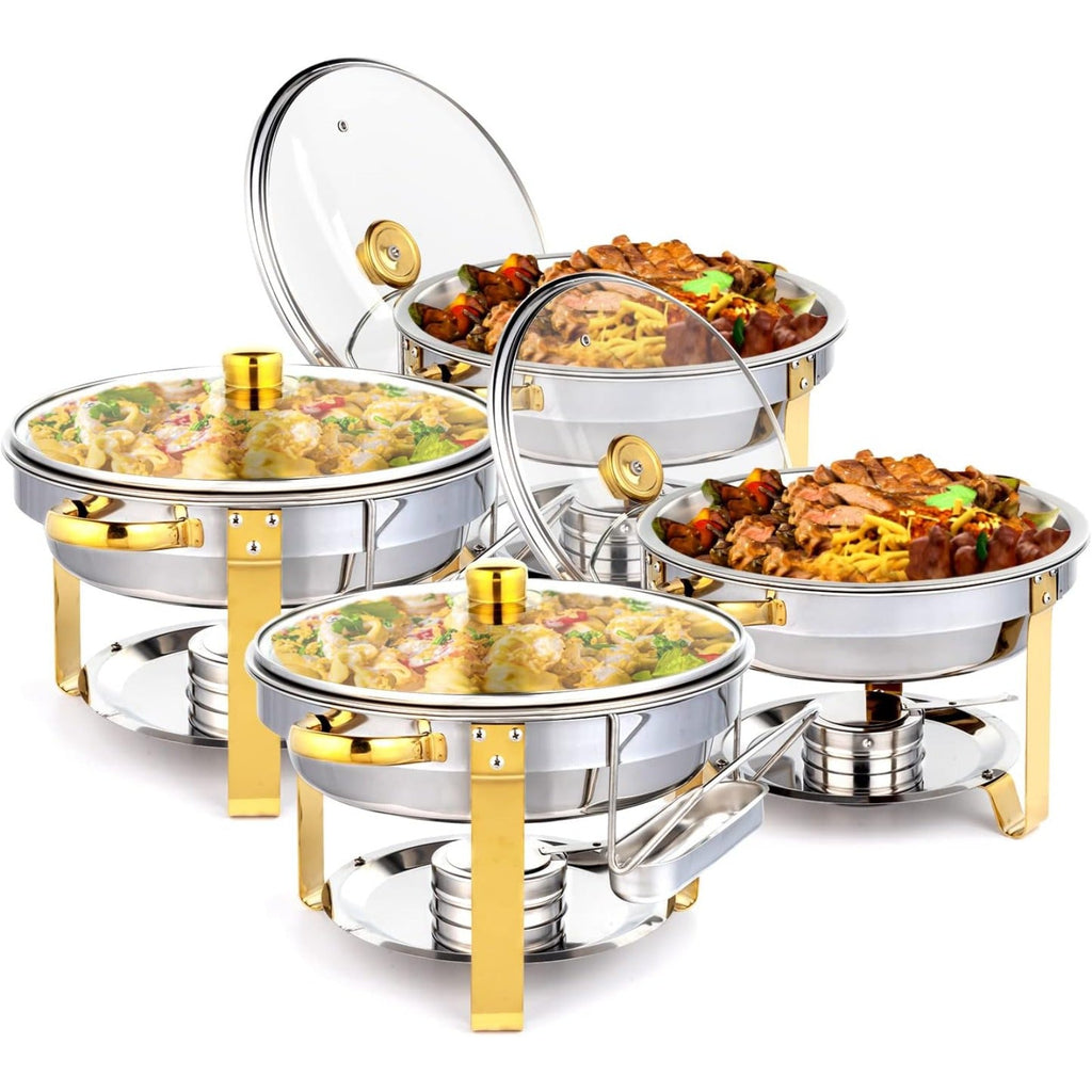 Stainless Steel Chafing Dish Set Buffet Warmer with Food Trays Water Trays Fuel Holders Mirror Finish Gold Handles Commercial Catering Buffet Server