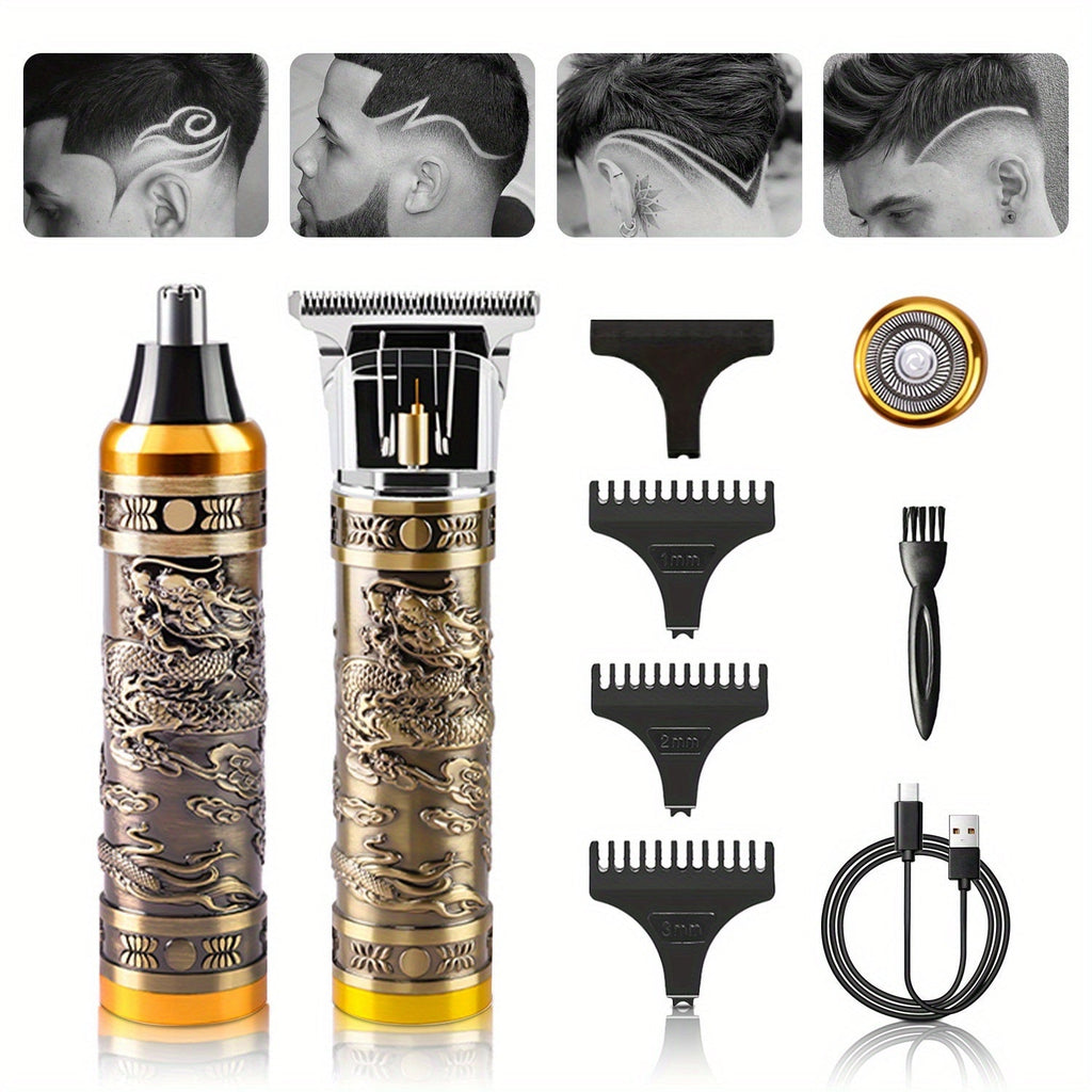 4-in-1 Men's Grooming Kit - Dragon Engraved Hair Clipper, T-Blade Trimmer, Nose Groomer & Shaver, 6000 RPM Motor, USB Rechargeable, LED Battery Display, Perfect Gift for Men