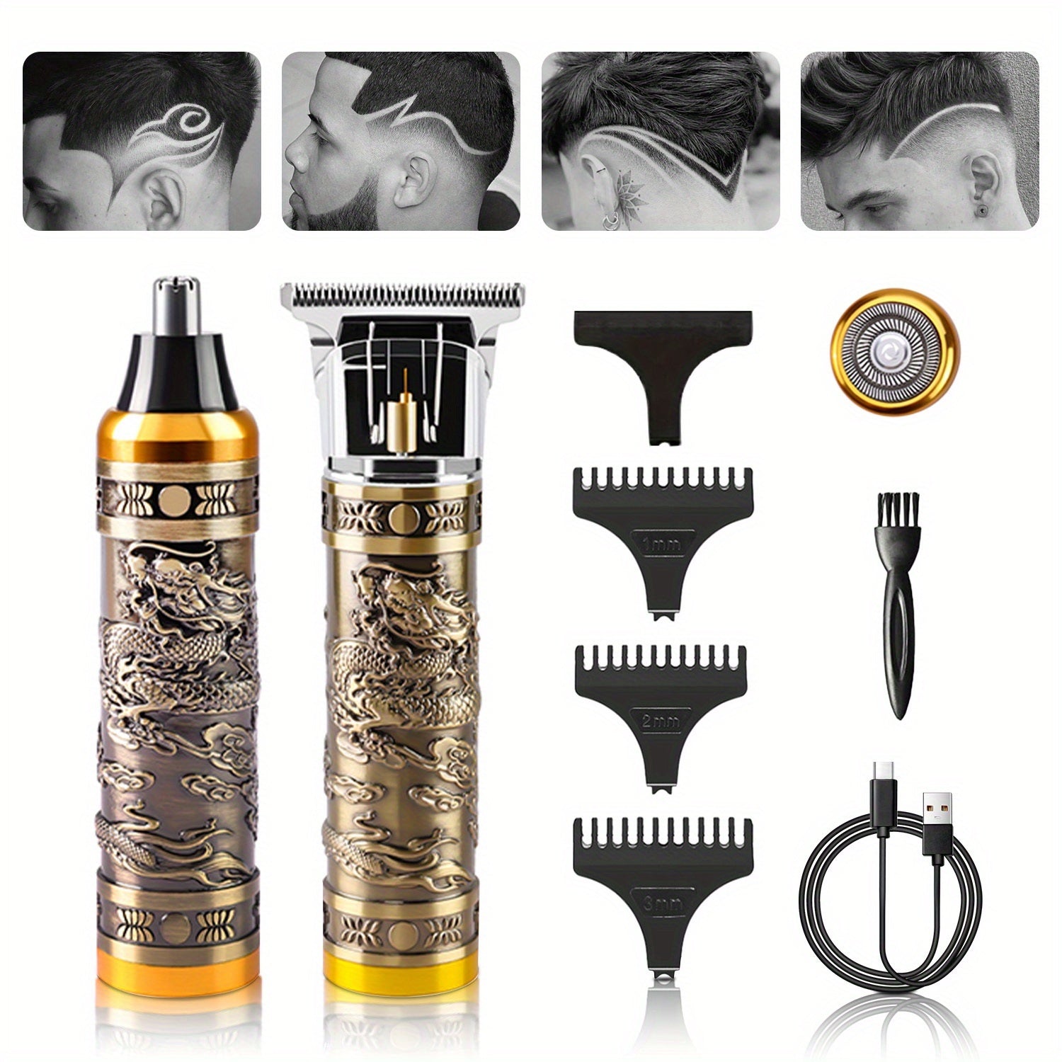 4-in-1 Men's Grooming Kit - Dragon Engraved Hair Clipper, T-Blade Trimmer, Nose Groomer & Shaver, 6000 RPM Motor, USB Rechargeable, LED Battery Display, Perfect Gift for Men