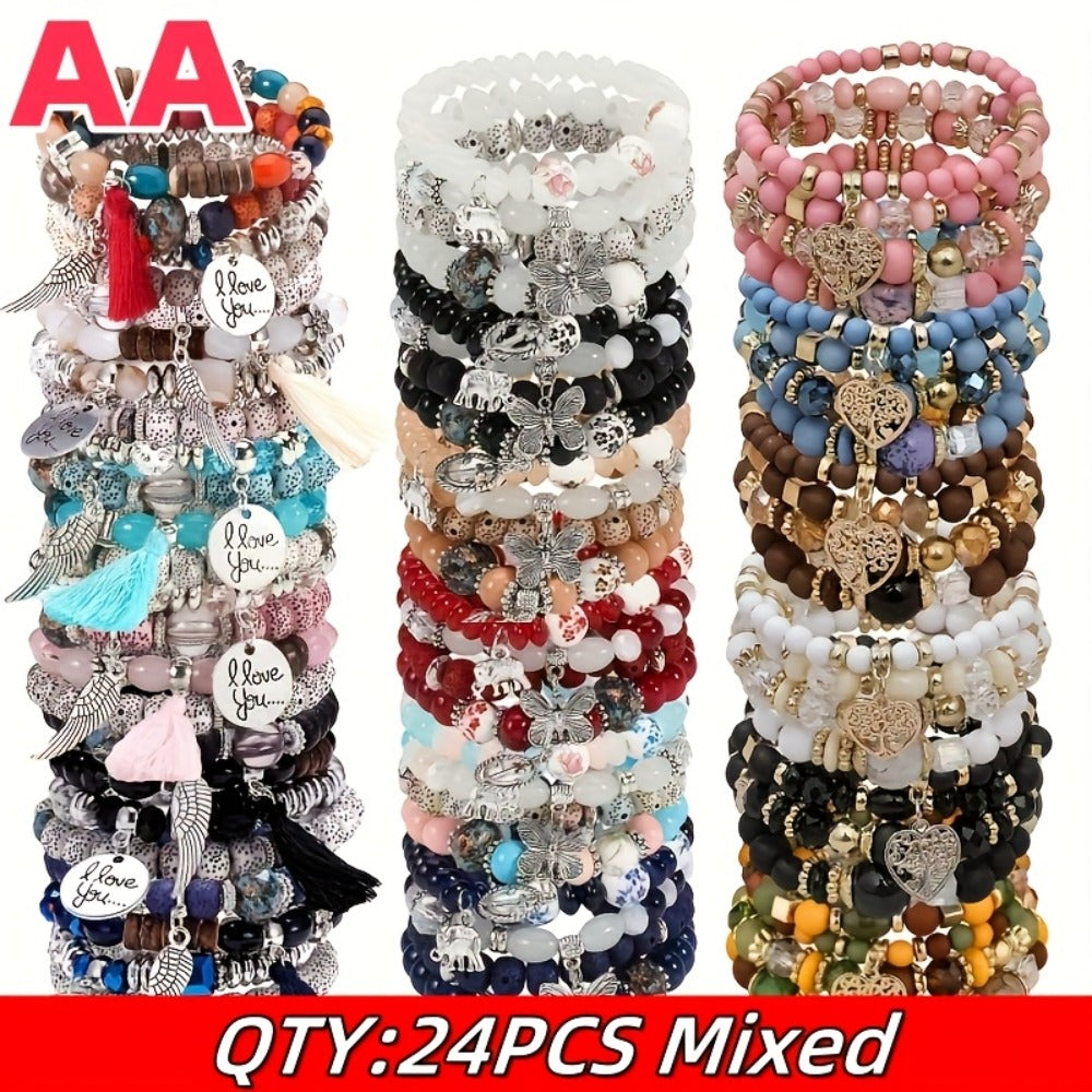 Bohemian Beaded Bracelet Set 24pcs ¨C Multi-Layer Wooden Bead Elastic Bracelets with Butterfly Elephant Tree Pendant, Handmade Colorful Tassel Wristbands for Women Men, Party Gift & Daily Wear