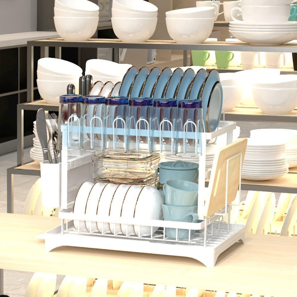 2-Layer Dish Drying Rack Kitchen Countertop Organizer - Dish Drain Rack with Knife Holder, Cup Rack & Cutlery Holder for Bowls, Chopsticks & Utensils, Black Assembled Dish Drainer