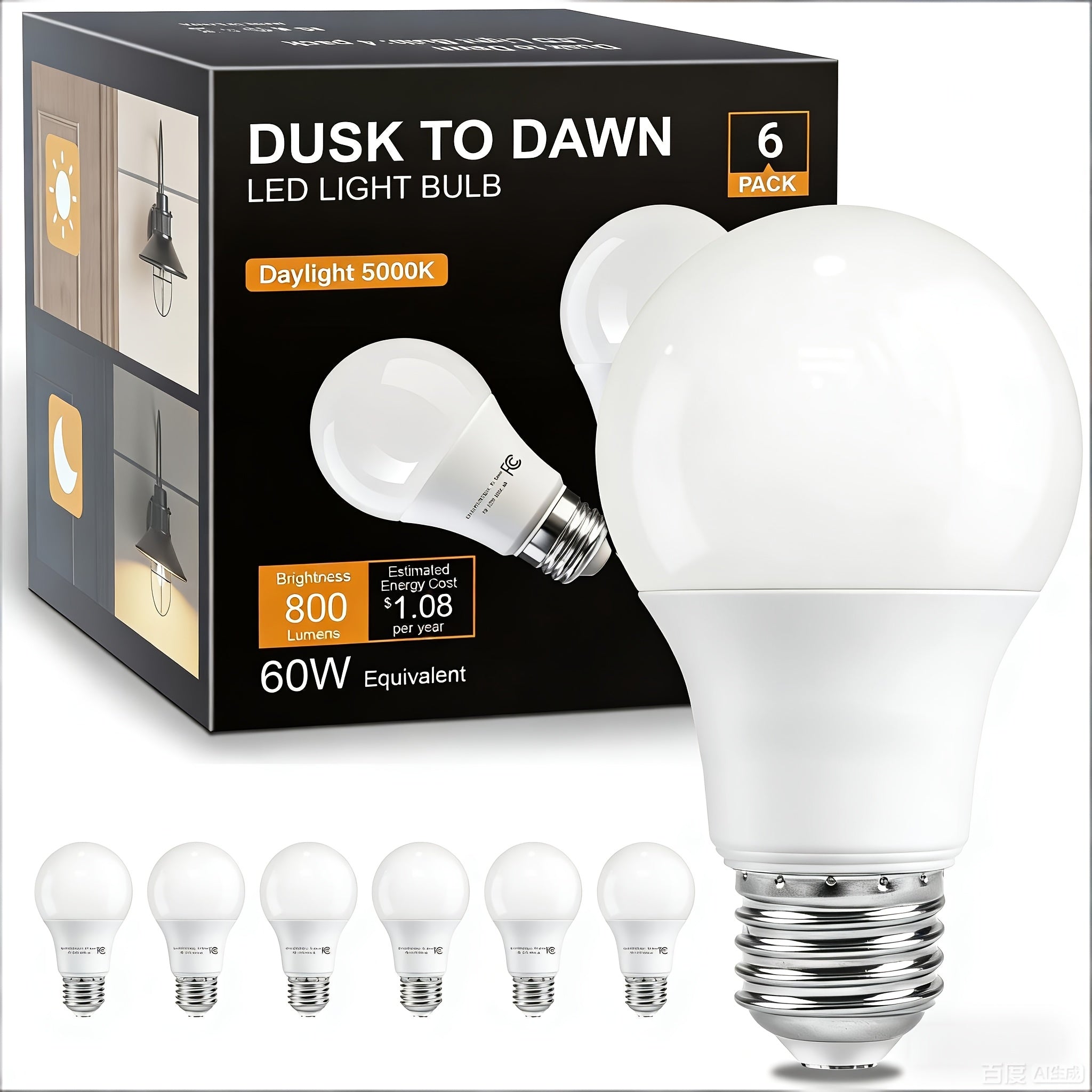 Dusk to Dawn Light Bulb A19 9W 800 Lumens 60W Equivalent with Auto On Off Photocell Sensor ¨C E26 Base Soft White 2700K & Daylight 5000K 80+ CRI Indoor Outdoor Porch Security Lighting, 6 Pack