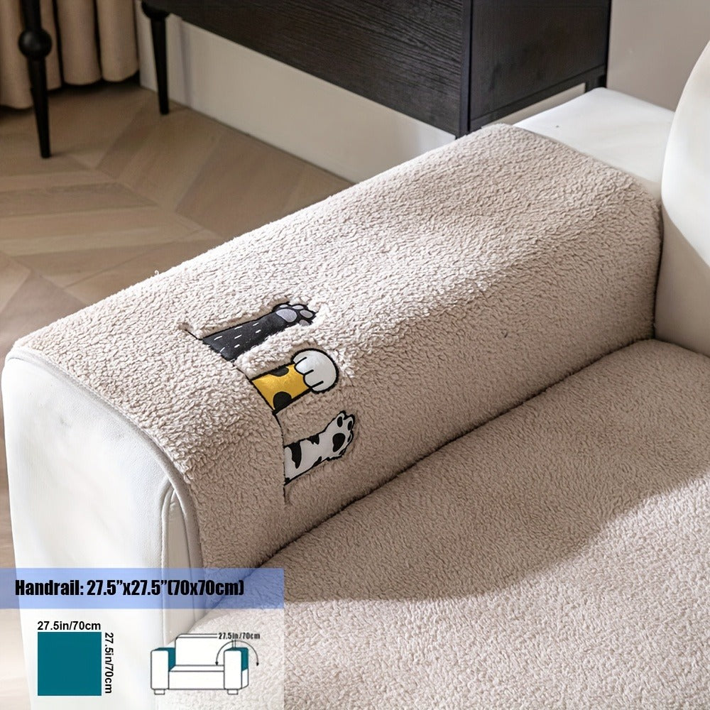 Sherpa Sofa Cover Cat Paw Embroidered Thick Plush Couch Slipcover Non-Slip Seat Cushion Protector Pet-Friendly Machine Washable Furniture Cover for Living Room Home Decor