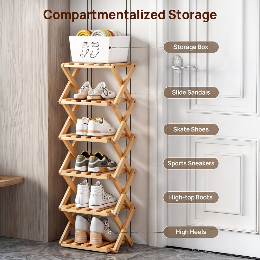 Bamboo Shoe Rack Foldable Multi-Tier ¨C Space-Saving Shoe Storage Shelf, Easy Assembly Standalone Organizer for Entryway, Hallway, Bedroom, Bathroom & Office ¨C 6 or 8 Tier Options
