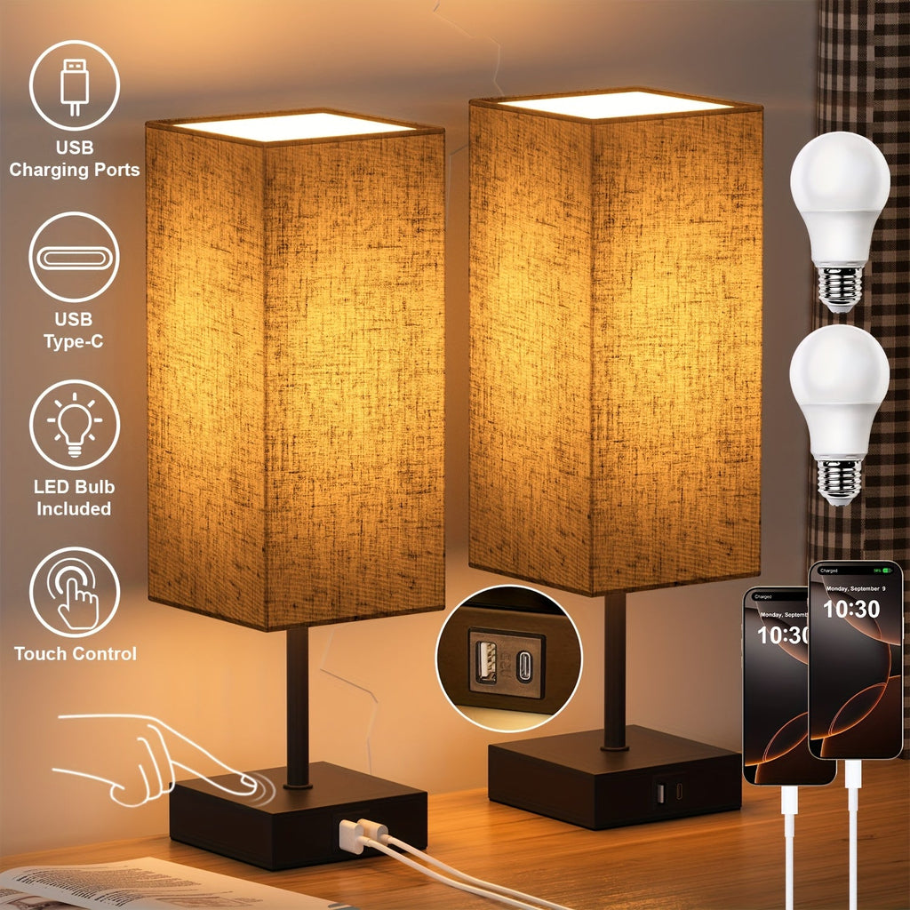 Bedside Lamps Set of 2 3-Way Dimmable Touch Nightstand Lamp USB-C A Charging Port LED Bulb Included Bedroom Living Room Decor Navy Blue Black Brown