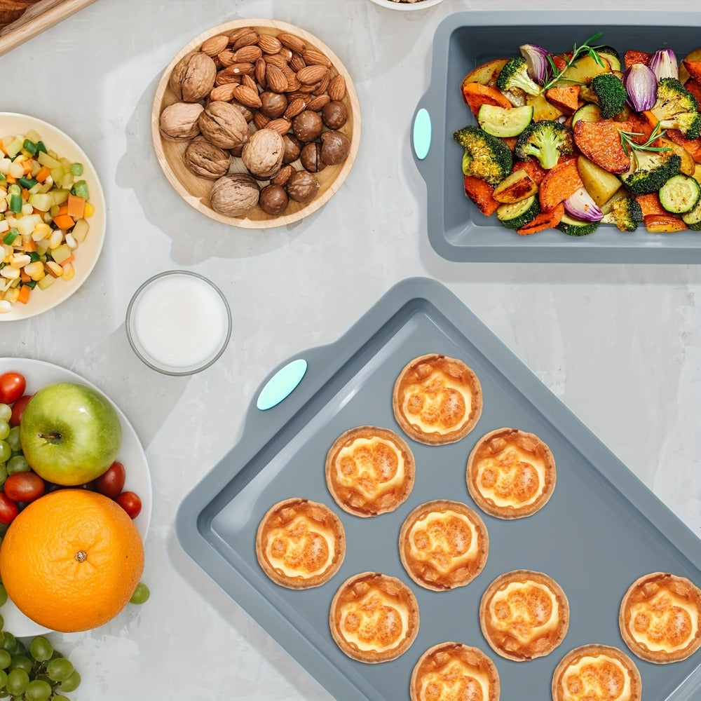 Silicone Baking Pans Set 4-Piece ¨C Nonstick Bakeware with Metal Reinforced Frame, Includes Baking Sheet, Cookie Sheet & Cake Pan with Grips, Oven Safe, Easy Release ¨C Navy Blue & Light Gray