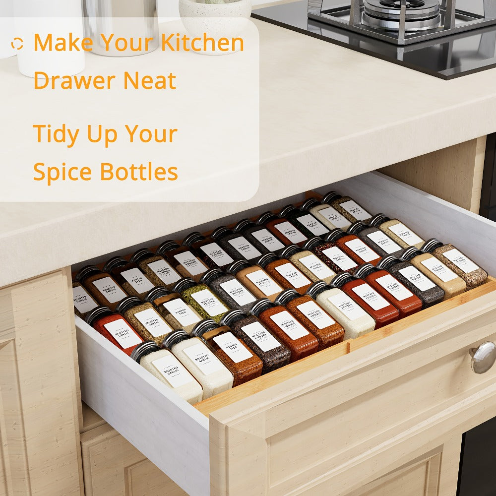 Bamboo Spice Drawer Organizer Expandable 4-Tier | Adjustable Width 12¡±-23¡± Fits 3¡± Deep Drawers | Space-Saving Kitchen Cabinet Seasoning Storage Tray for Spice Jars Bottles