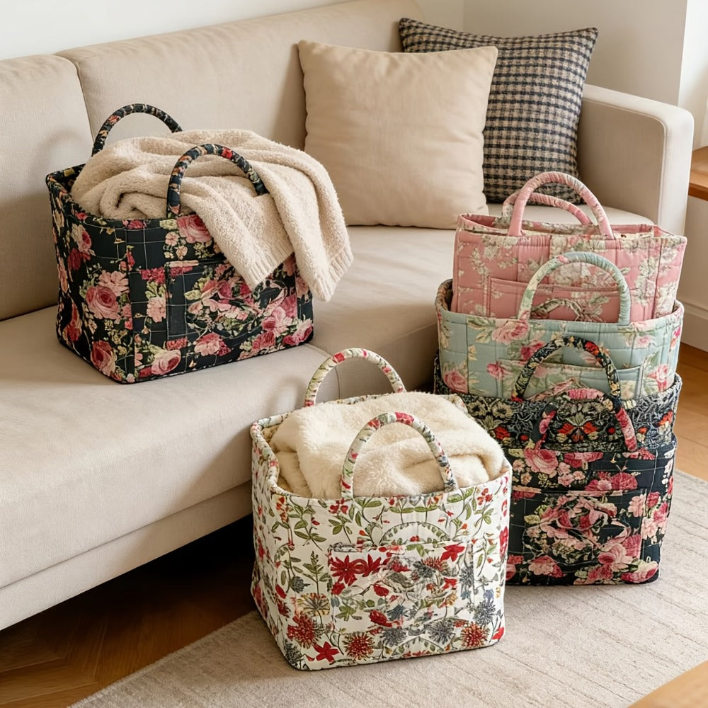 Floral Storage Basket Large Capacity Quilted Vintage Flower Pattern Portable Home Organizer Basket for Shelf Bedroom Closet Living Room Pink Peony Red Marigold Boho Decor