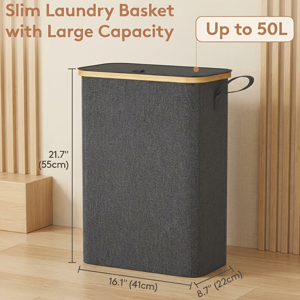 Slim Laundry Hamper with Lid & Removable Bag ¨C Foldable Narrow Clothes Basket with Bamboo Handles for Bathroom, Bedroom & Dorm ¨C 50L / 65L / 75L Space-Saving Collapsible Laundry Bin