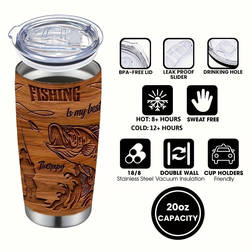 Fisherman Graphic Insulated Tumbler 20oz 304 Stainless Steel with Lid and Straw Travel Cup for Hot Cold Drinks Camping Drinkware Gift for Dad Birthday Fathers Day Brown