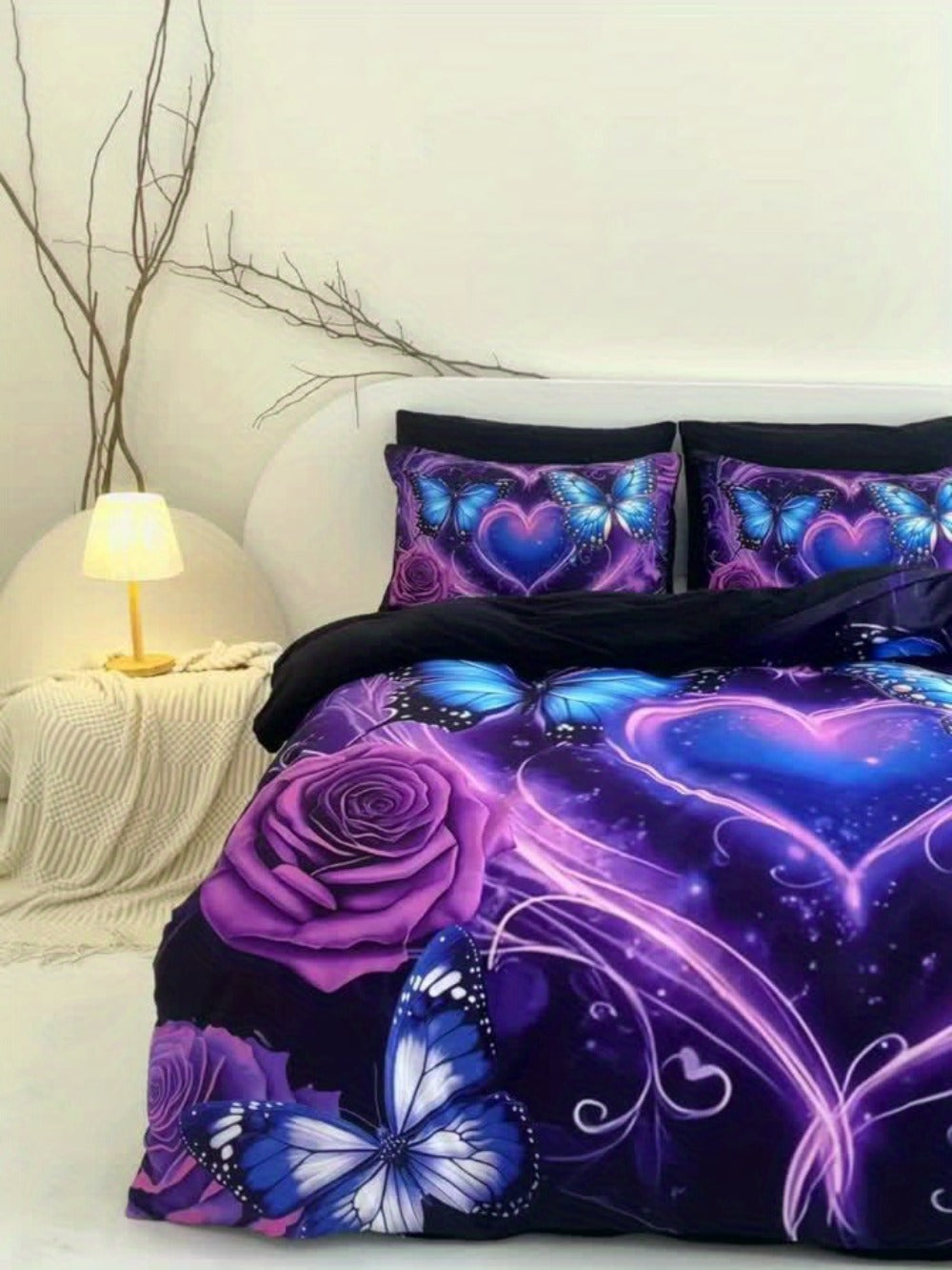 Purple Butterfly Floral Duvet Cover Set 3pcs - Colorful Fancy Butterfly Love Flower Bedding Set with 1 Duvet Cover & 2 Pillowcases, High-Definition Print, Twin Full Queen King, Polyester Bedroom Decor