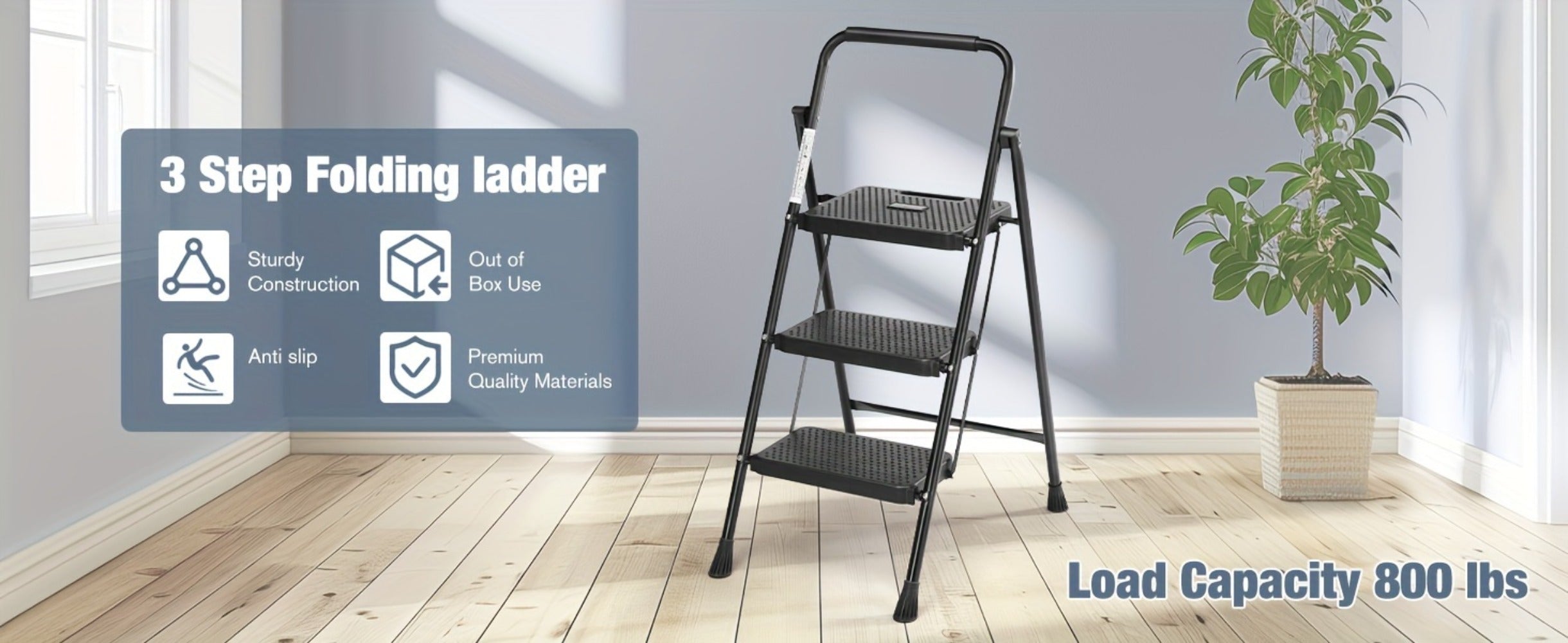 Heavy Duty Folding Steel Step Stool with Storage Shelf & Wide Anti-Slip Pedal, 800 lbs Capacity, 2/4-Step Sturdy Portable Step Ladder for Home, Garage & Workshop, Black, Grey & White
