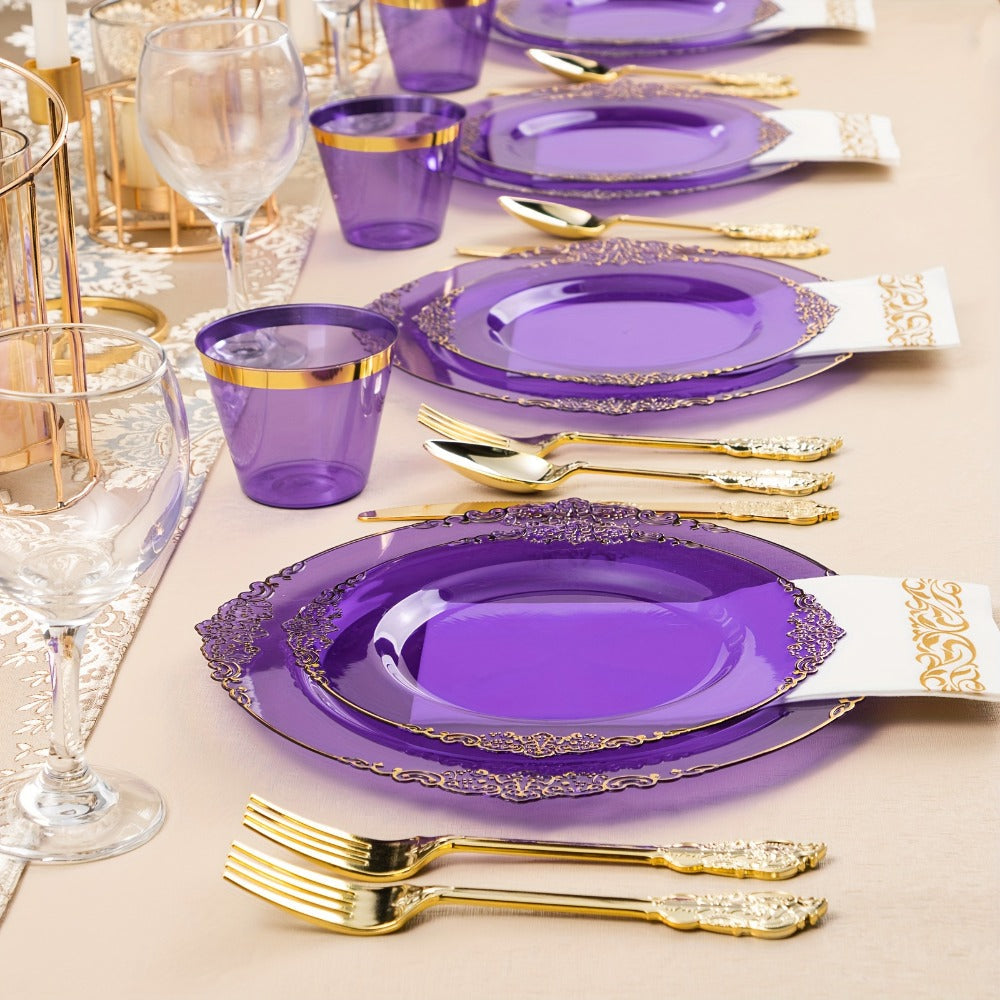 Disposable Party Plates Set 175 Pieces for 25 Guests Clear Plastic Plates with Gold Trim, Includes Dinner Plates Dessert Plates Cups Napkins Gold Silverware for Wedding Birthday Party Christmas