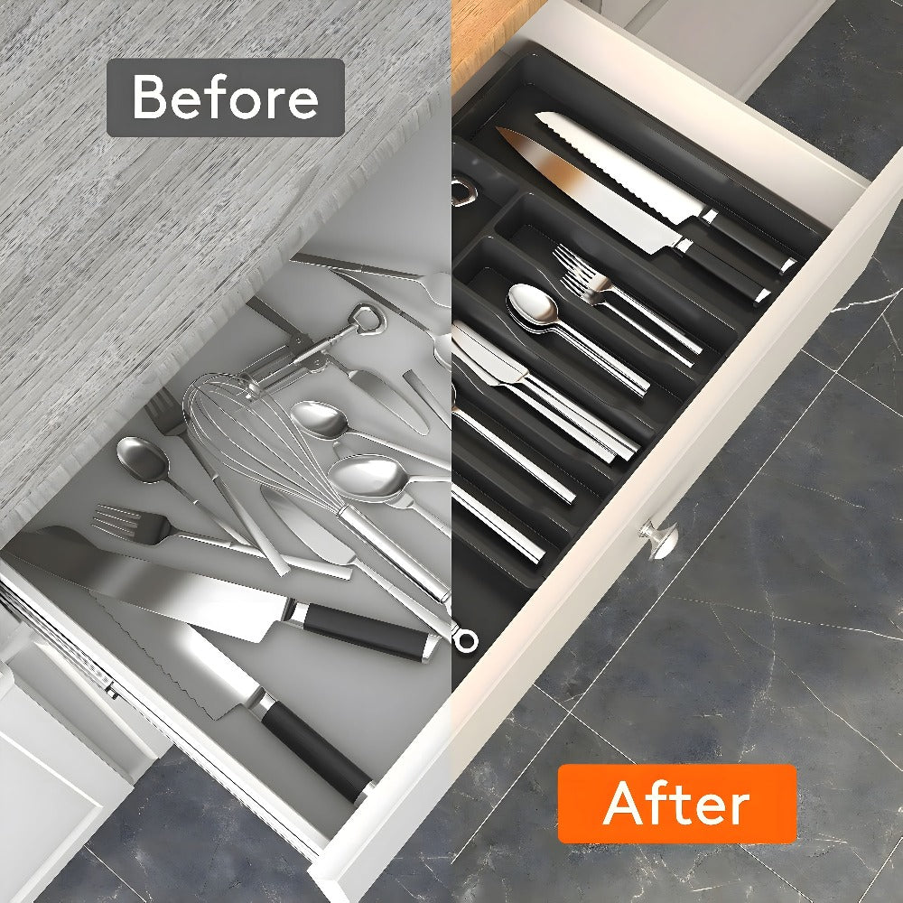 Silverware Organizer Adjustable Drawer Organizer | Utensil & Cutlery Storage Tray for Kitchen Drawer | Expandable Knife Fork Spoon Holder 22.4¡± x 15¡± x 2¡± | Kitchen Organization & Storage in Black Grey White