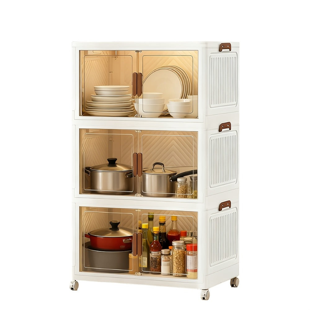 Stackable Foldable Storage Cabinet with Door ¨C PP Plastic 1/2/3/4/5 Layer Organizer Box with Wheels & Cover | Dual-Access Home Storage for Clothes, Books, Snacks & Kitchen Supplies | Office & Garage