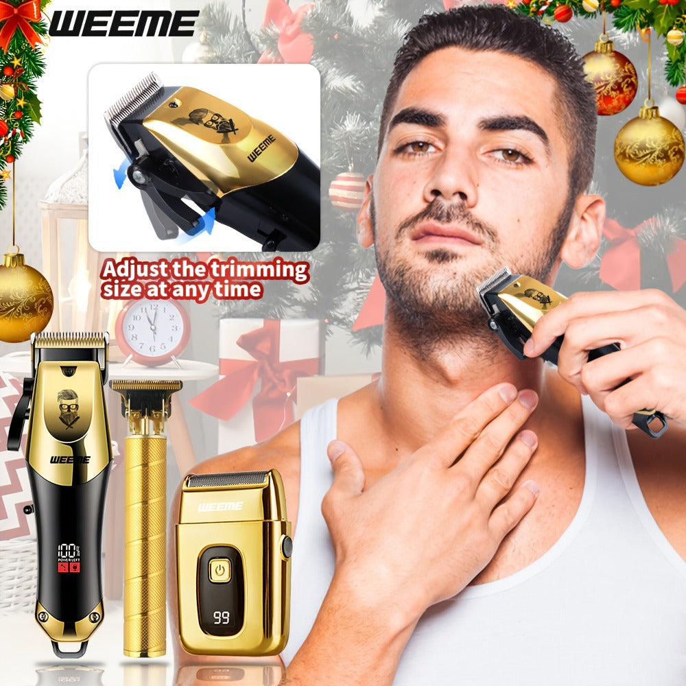 Professional Hair Clipper Set for Men ¨C 3pcs Golden Cordless Kit with Beard Trimmer & T-Blade Trimmer, Hair Cutting & Styling Tools, Ideal Birthday & Father¡¯s Day Gift for Men
