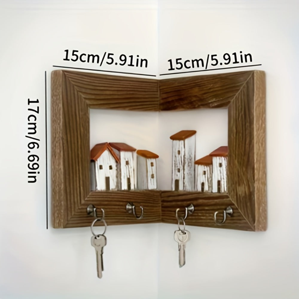 Wall Mounted Key Rack with Hooks - Rustic Wooden Key Holder with 6 House Hooks, Entryway Storage Organizer for Home Bedroom Wall Decor