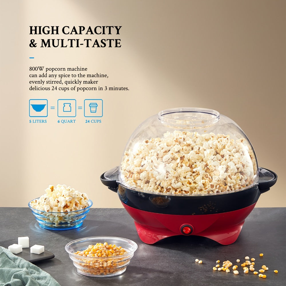 Popcorn Machine 800W Electric Stirring Popcorn Maker ¨C 6-Quart Non-Stick Plate, Quick-Heat Technology, Cool-Touch Handles, 2-in-1 Lid & Bowl for Home Movie Night