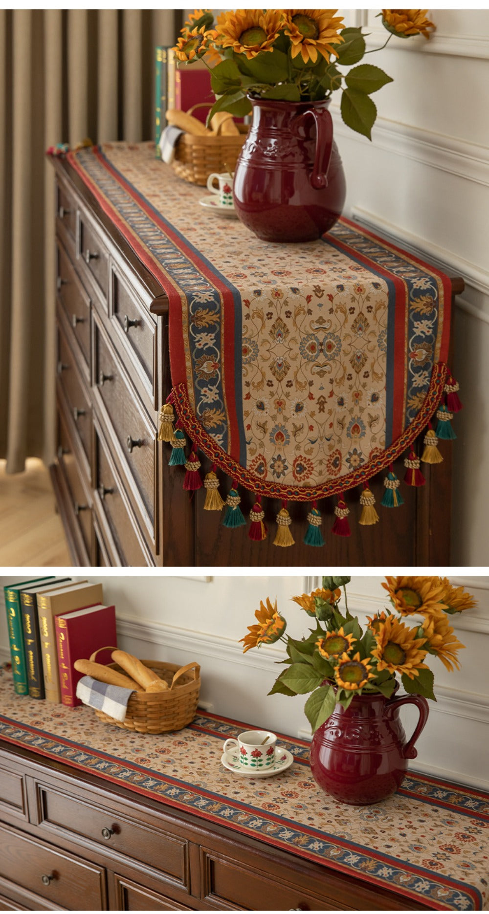 Boho Table Runner with Tassels | American Retro Style for Dining Table, Tea Table & TV Cabinet