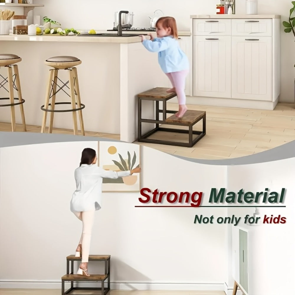 2-Step Wooden Step Stool Heavy Duty for Adults ¨C Solid Wood Two Tier Stepping Stool, Multifunctional Bedside Step Ladder, Portable Non-Slip Foot Stool for Bathroom, Bedroom, Kitchen, Office ¨C Easy to Carry, Durable Build