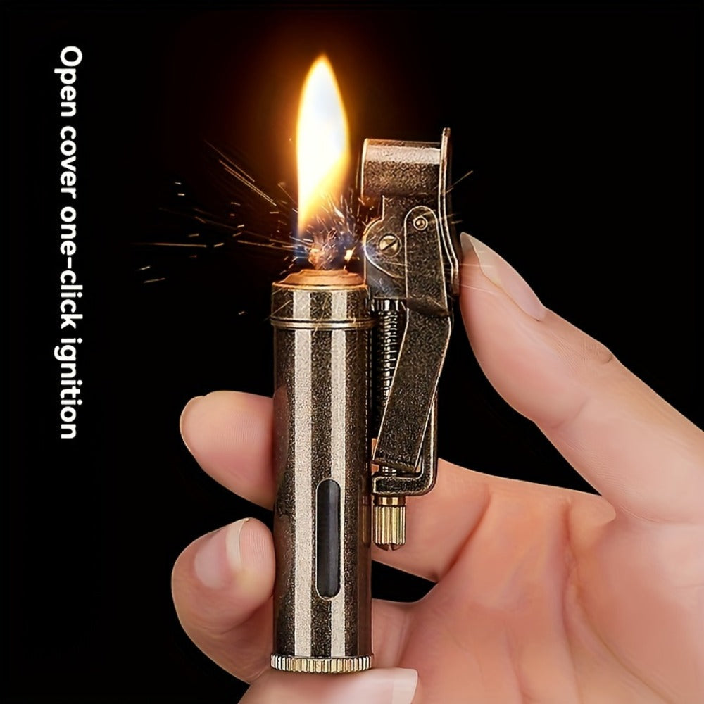 Retro Copper Kerosene Lighter ¨C Pure Copper Vintage Flip Top One-Click Ignition Lighter, Nostalgic Personality Design, Windproof Refillable Kerosene Lighter, Unique Gift for Men Friends (Kerosene Not Included)