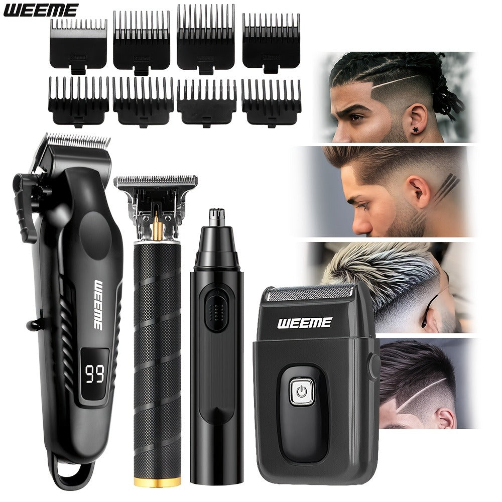 Men's Grooming Kit 4-Piece Set ¨C USB Rechargeable Hair Clipper, Nose Trimmer, Electric Shaver & T9 Detailer with 8 Guide Combs, Professional Cordless Beard Trimmer Set for Men