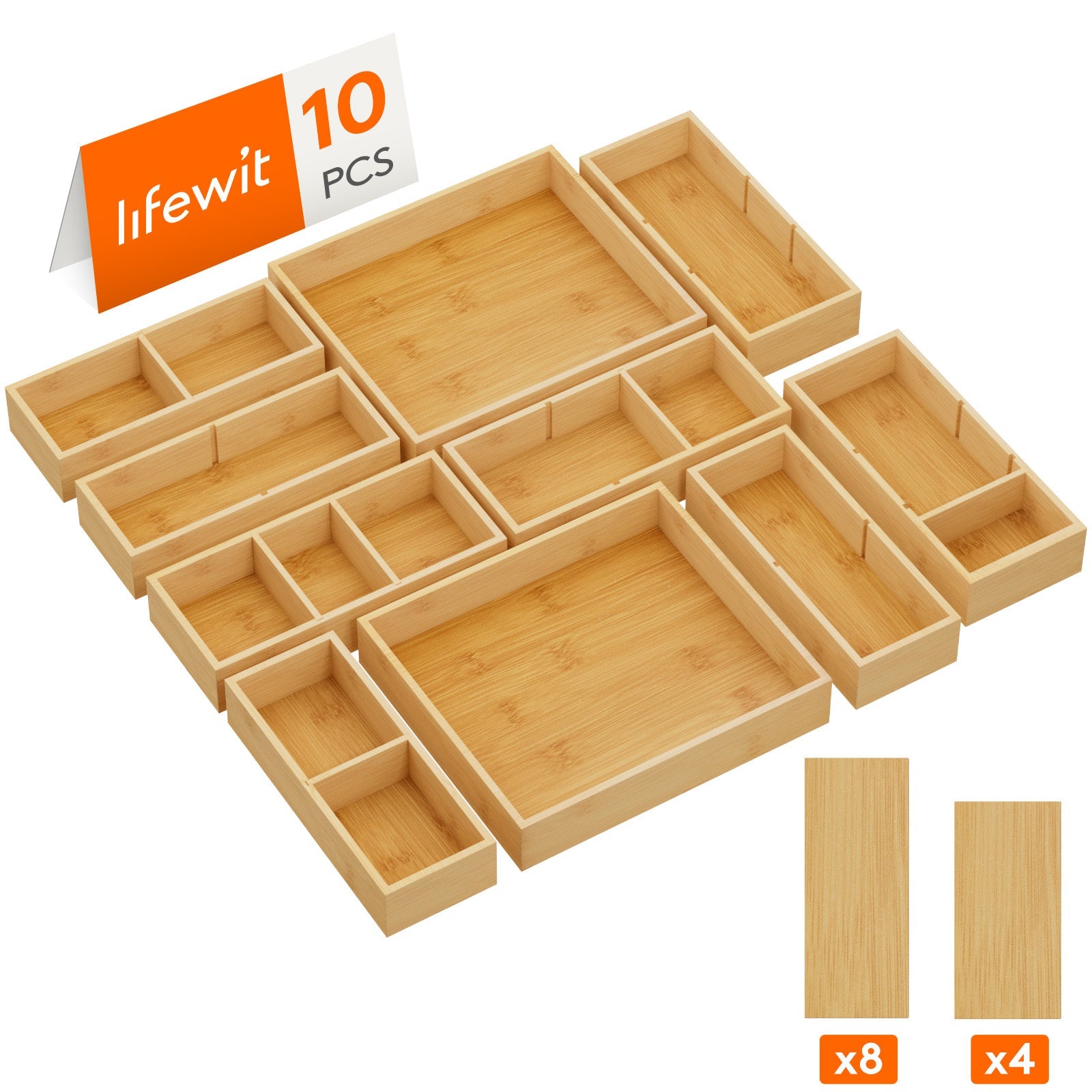 Bamboo Drawer Organizer 10 Pack, Adjustable Stackable Drawer Dividers Bins for Kitchen Utensils, Silverware, Makeup, Office Supplies, Bathroom Vanity & Junk Drawer
