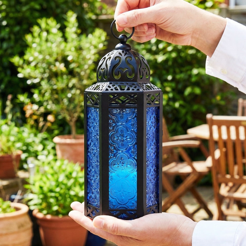 Moroccan Candle Lantern Holder - Decorative Metal & Glass Lantern with Embossed Floral Design for Indoor Home Decor, Garden, Patio, Weddings, Ramadan, Halloween & Holiday Celebrations - 10.5¡± Tall Medium Size