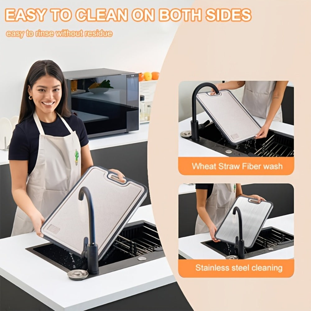 Large Cutting Board for Kitchen ¨C Double Sided Food Grade Stainless Steel & Wheat Straw PP, Non-Slip, Easy to Clean, 16 x 11 Inch Heavy Duty Chopping Board