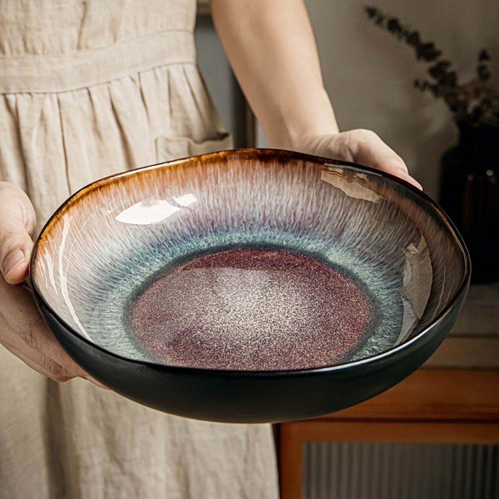 Irregular Deep Dish Ceramic Plate | Artisan Handcrafted Salad Soup Bowl Dish | Unique Edge Design | Dishwasher Safe Tableware for Family Dining