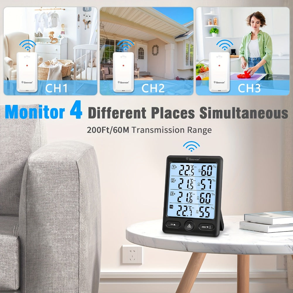 Indoor Outdoor Thermometer Wireless with 3 Remote Sensors - Digital Hygrometer Temperature Humidity Monitor, 200FT Range, Large Display, Backlight, Low Battery Alarm, High Accuracy, Black or White
