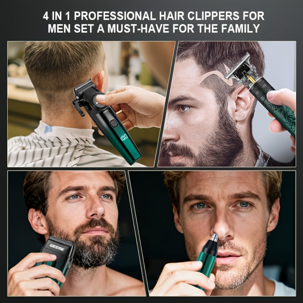 Hair Cutting Set 4pcs Professional - Electric Hair Clipper, Electric Shaver, T-Blade Trimmer & Nose Hair Trimmer, Gradient Green Gift Box, Precise Grooming Kit for Home Use & Gift