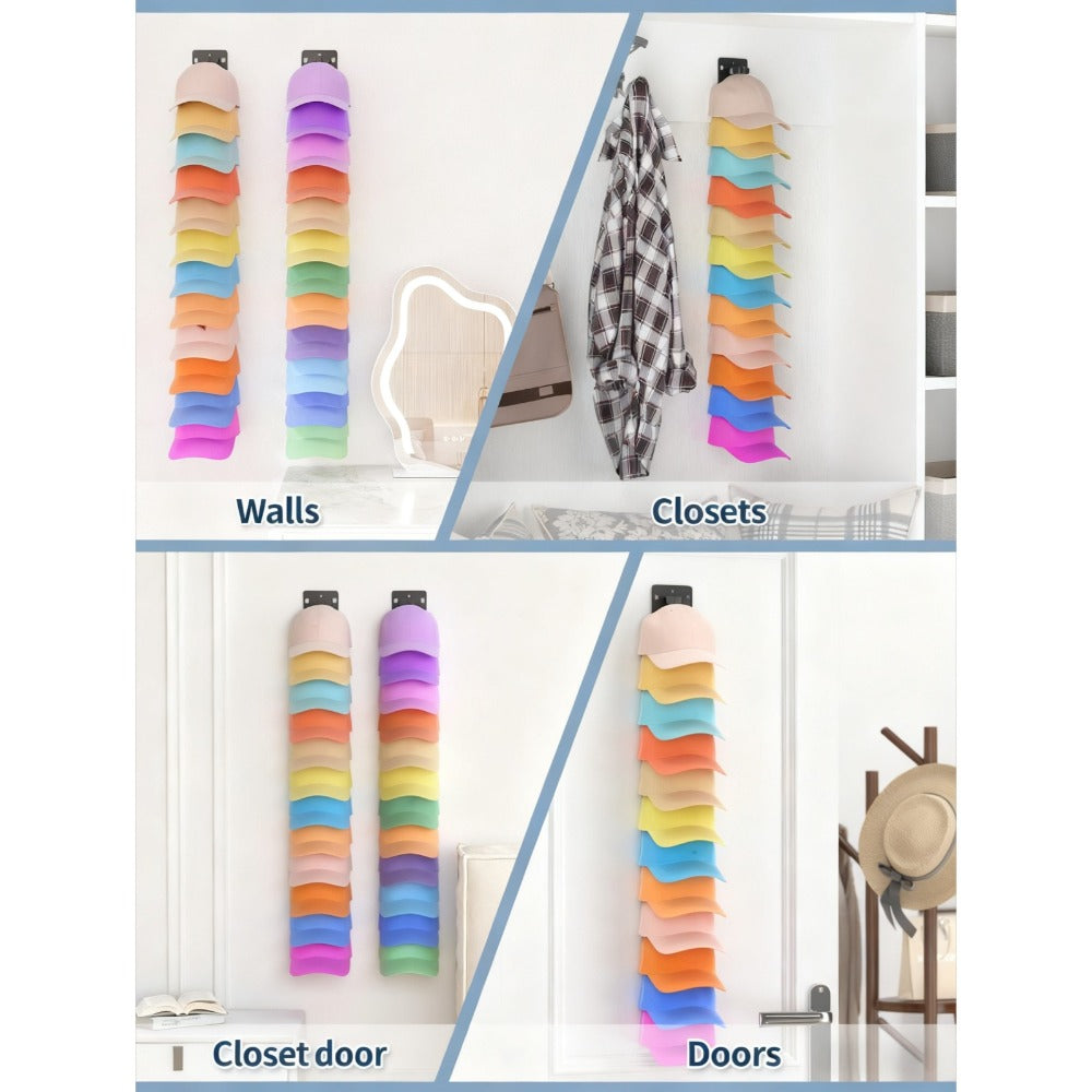 Hat Organizer Wall Mounted 2-Pack, 24-Cap Capacity Storage Hooks, Adhesive or Drill Install, Closet Entryway Bedroom Hat Rack, Durable Polypropylene, Space-Saving Vertical Display