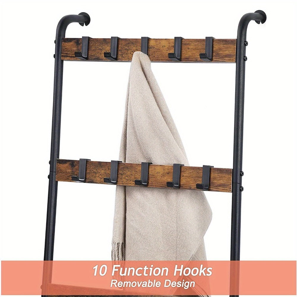 Blanket Ladder Rack 5 Tier with 10 Detachable Hooks - Freestanding Farmhouse Metal Towel Quilt Throw Storage Stand No Drilling Non-Slip Pads | Brown Black | Living Room Bathroom Bedroom Home Decor Organization