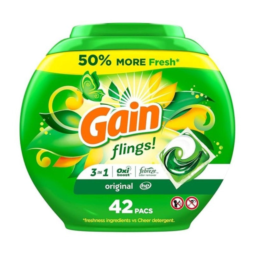 Gain Flings Laundry Detergent Pods 42ct Original Scent - 3-in-1 Concentrated Liquid Pods with Stain Remover & Odor Fighter, HE Compatible Hot & Cold Water, Pre-Measured No-Mess Laundry Pacs