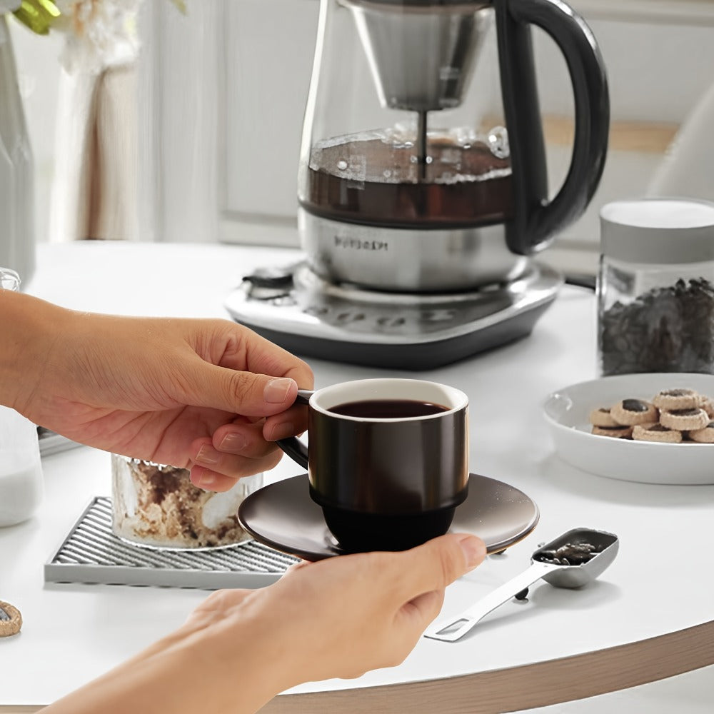 Espresso Cups Set of 6 with Saucers, Spoons & Metal Stand, 4oz Stackable Ceramic Cappuccino Mugs for Double Espresso, Lungo & Afternoon Tea ¨C Matte Black & Matte White