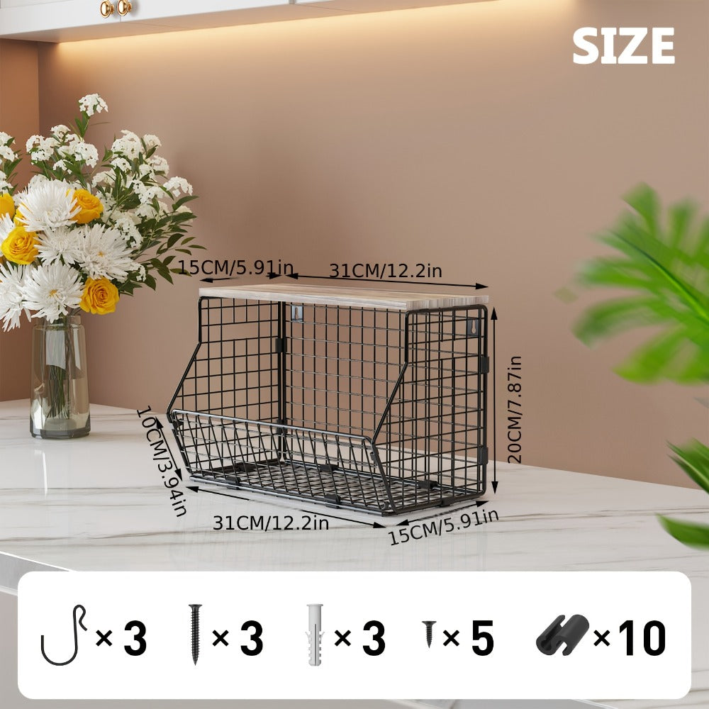 Stackable Metal Wire Fruit Basket with Lid ¨C 1 or 2-Tier Hanging Kitchen Pantry Storage Bin, Wall-Mounted or Countertop Vegetable Organizer for Potato, Onion & Produce, Black
