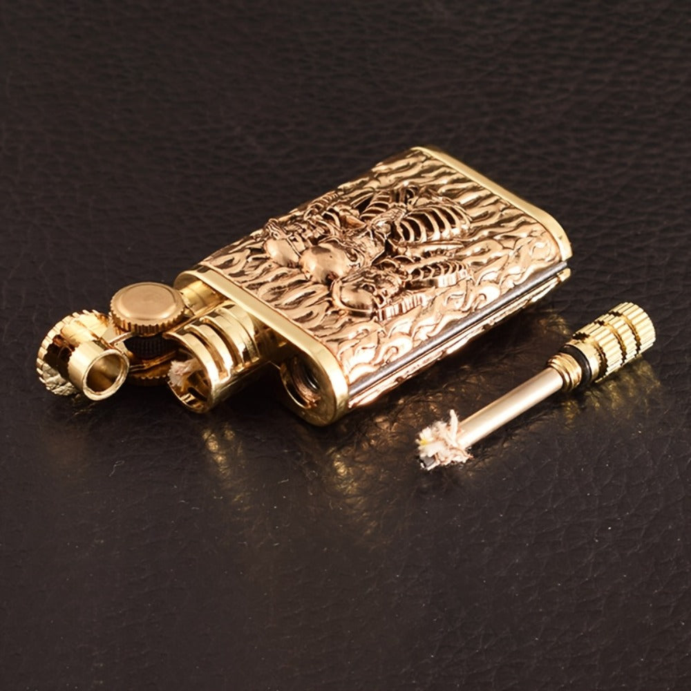 Kerosene Lighter 2-in-1 Permanent Match Flint Wheel Refillable ¨C Golden Windproof Pocket Lighter with Built-In Match Strike, Unique Gift for Men, Father¡¯s Day & Outdoor Use
