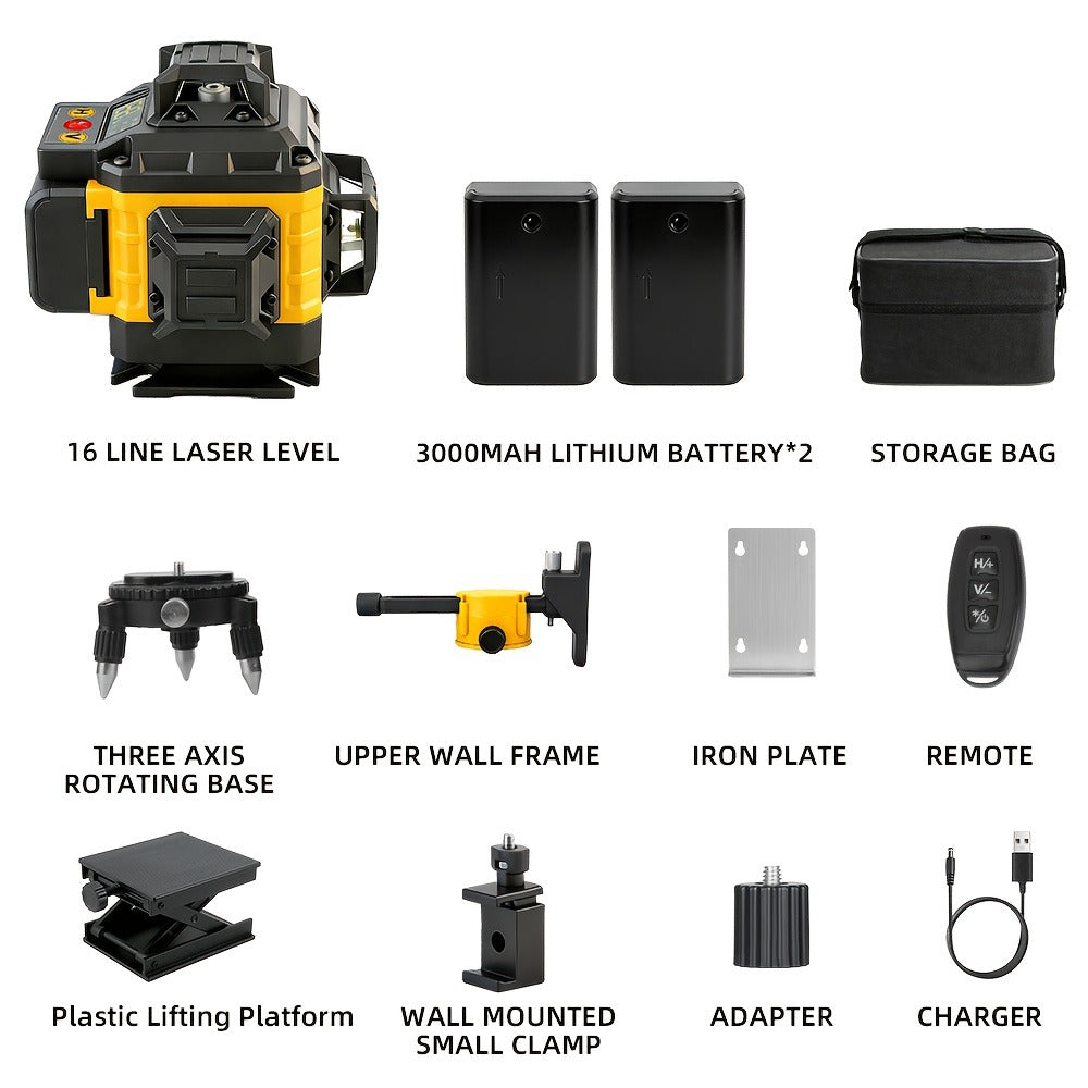 16-Line Laser Level Kit 4D 360 Self Leveling with 2x 3000mAh Battery 39 Inch Tripod Remote Control Lifting Platform for Construction Tile Renovation Wall Floor Alignment