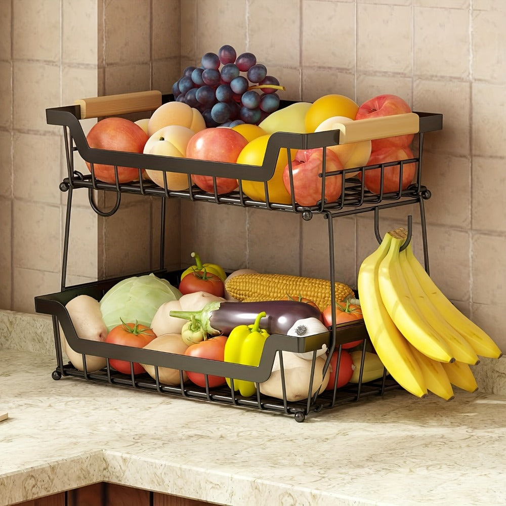Fruit Basket with Banana Hanger, 2-3 Tier Metal Countertop Organizer with Wooden Handle ¡ª Detachable Kitchen Storage Stand for Fruits, Vegetables & Bread | Large Capacity | Black
