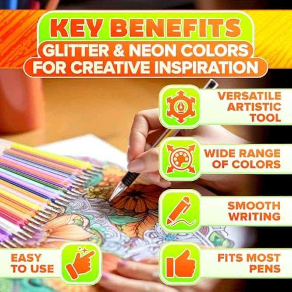 100-Pack Gel Pens Set Mixed Colors - Glitter, Metallic, Fluorescent & Colored Ink Pens for Drawing, Writing & Art Projects | Ages 14+