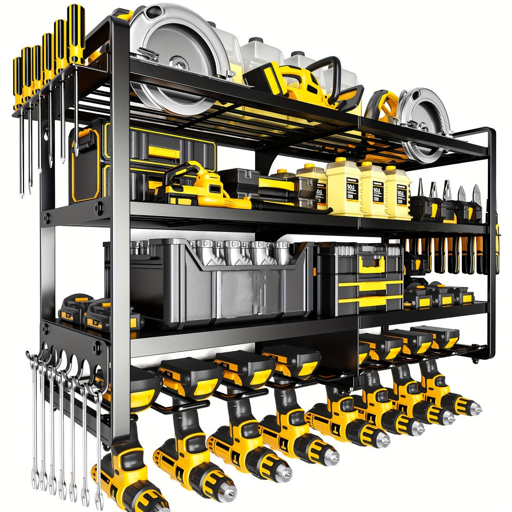 Wall Tool Storage Rack Heavy Duty Metal Organizer - 4 Layer Cordless Drill Holder Clamp Bracket Workbench Wall Mount Space Saving Workshop Garage Storage
