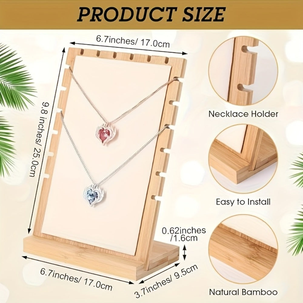 Bamboo Jewelry Necklace Display Stand 2 Pack - Multi-Hook Necklace Holder Tower, Tabletop Showcase Organizer for Retail Store, Beige Rectangle Jewelry Stand No Tools Required