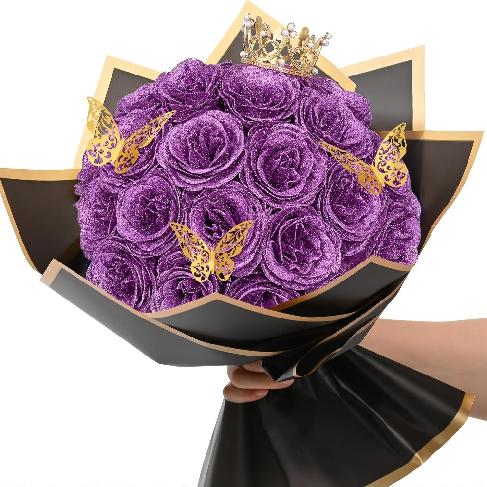 Glitter Roses Bouquet 24/36pcs - Everlasting Artificial Roses with Sparkling Glitter Petals for Valentine's Day, Wedding & Anniversary