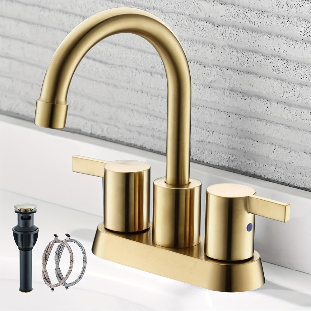 Bathroom Faucet 4-Inch 2-Handle Centerset ¨C 360¡ã Swivel Spout, Pop-Up Drain & Supply Lines Included, 2-3 Hole Vanity Sink Faucet for RV & Home, Brushed Gold, Matte Black, Nickel & Chrome