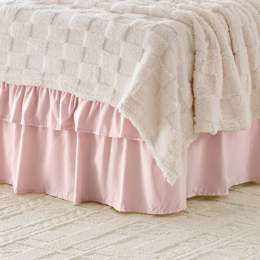 Double Ruffle Bed Skirt 16¡± Drop | Elastic Wrap Around Dust Ruffle for Twin Full Queen King Bed | Easy Install Machine Washable Soft Linen Poly Blend Bedskirt