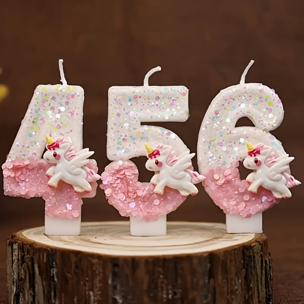 Unicorn Number Cake Topper 0-9 Birthday Party Decoration Glitter Figure Candle Topper for Birthday Anniversary Wedding Christmas Halloween Table Decor
